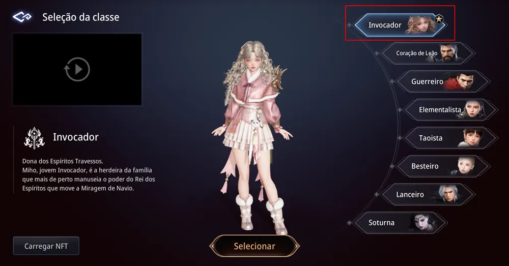 Tela de seleção de classe com a classe Invocador destacada