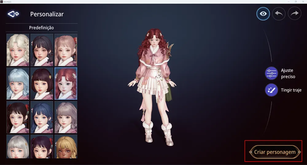 Tela de personalização da personagem com o botão Criar personagem destacado